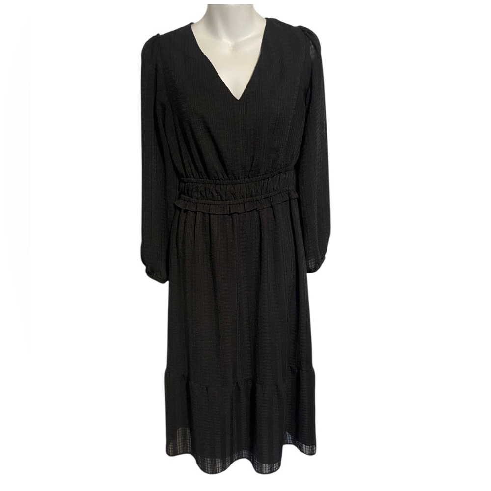 Loft Black Textured Maxi Prairie Dress Sheer Long Sleeves VNeck Size Small